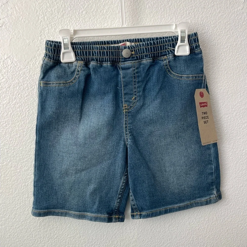 LEVI'S Boys Two Piece Set  T-Shirt Light Blue Denim Shorts Outfit Summer Sz 7